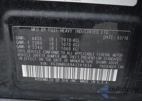 2010 Subaru Legacy 2.5I Premium z USA, uszkodzony, nr VIN 4S3BMBG69A3241834